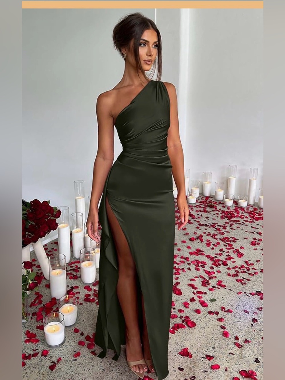 One-Shoulder Olive Green Evening Gown